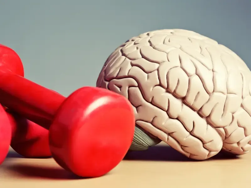 Physical and mental health, a brain next to a set of weights.